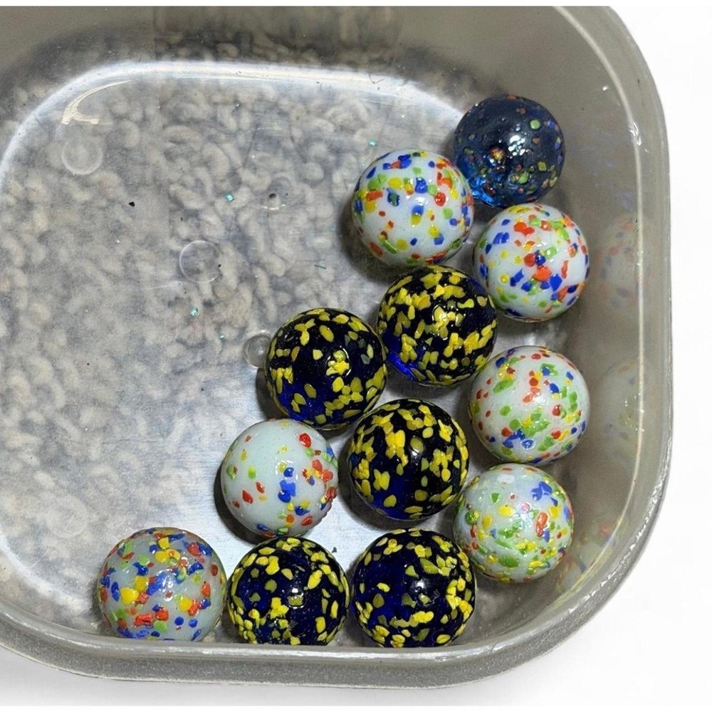 Vintage Handmade Art Glass Marbles Lot of 12 Speckled Confetti Blue Yellow White